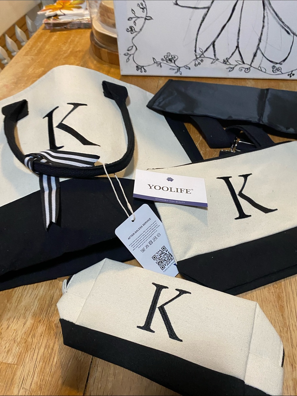 Beautiful Woman black & Cream Initial 'K' Canvas Tote and Pouch Set
